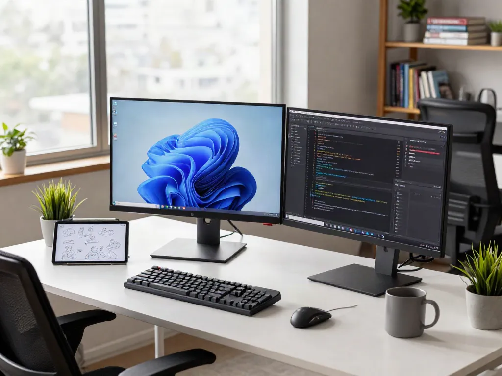 Aktiver Entwickler arbeitet an Windows 11 Home in modernem Büro mit zuverlässigen Geräten.