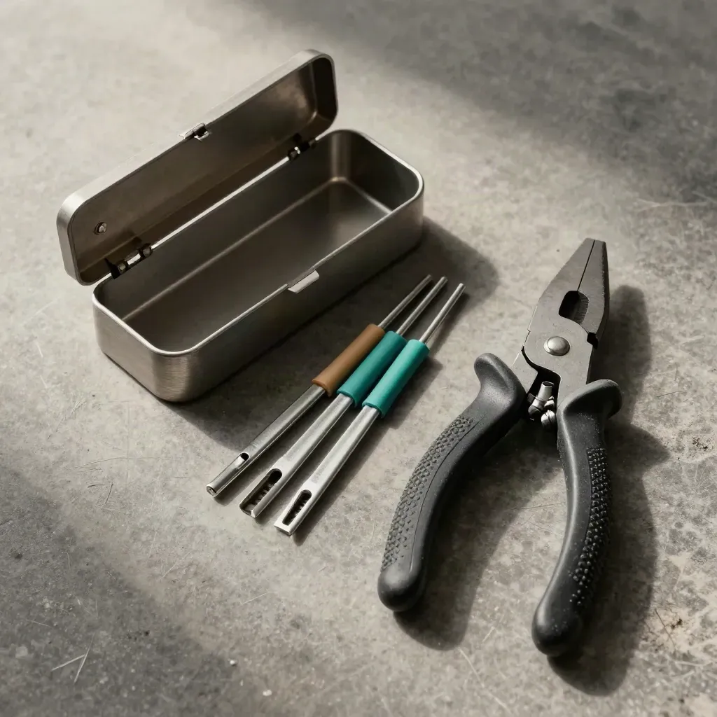 Elektriker-Set mit Abzweigdose, Aderendhülsen, Zange und Kabelverschraubung auf Stein.