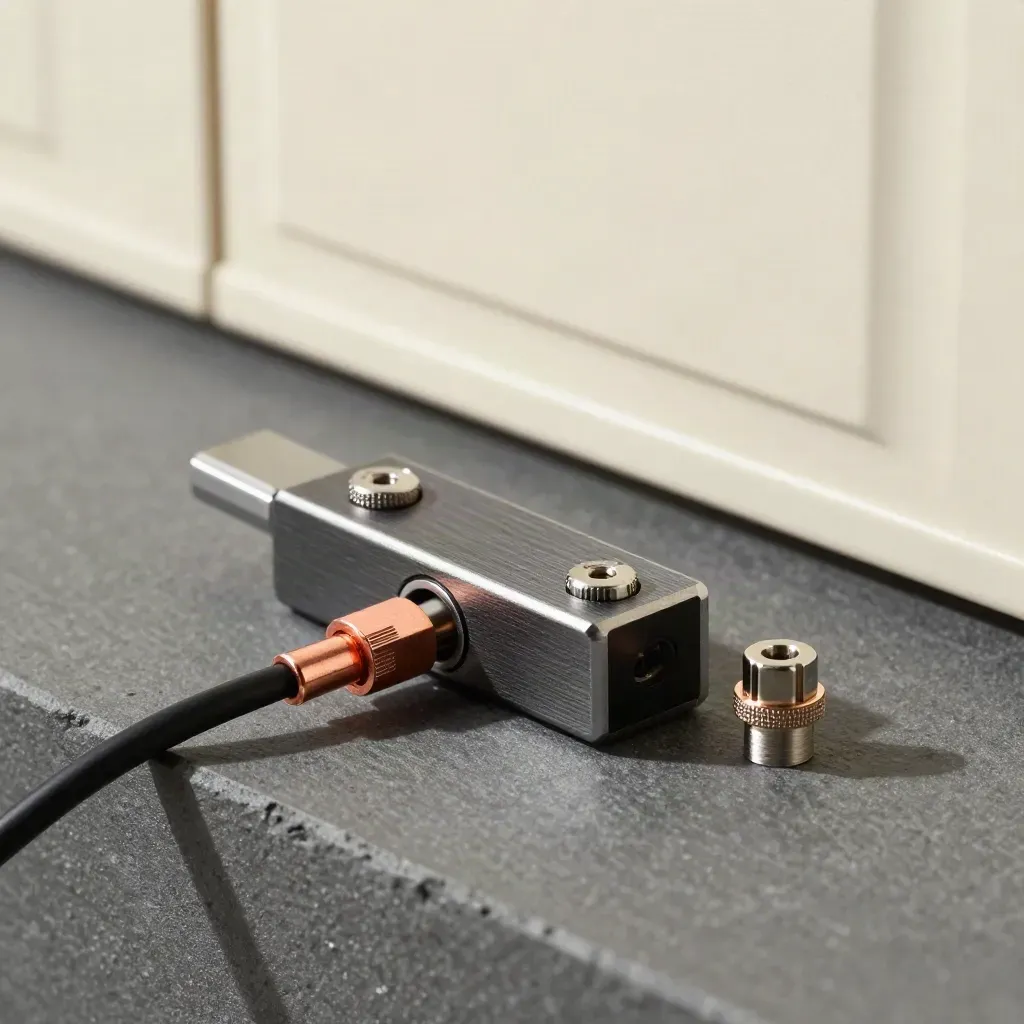 Kompaktes Pairing-Modul zwischen zwei Kabelendhülsen auf dunklem Stein, weich seitlich beleuchtet.