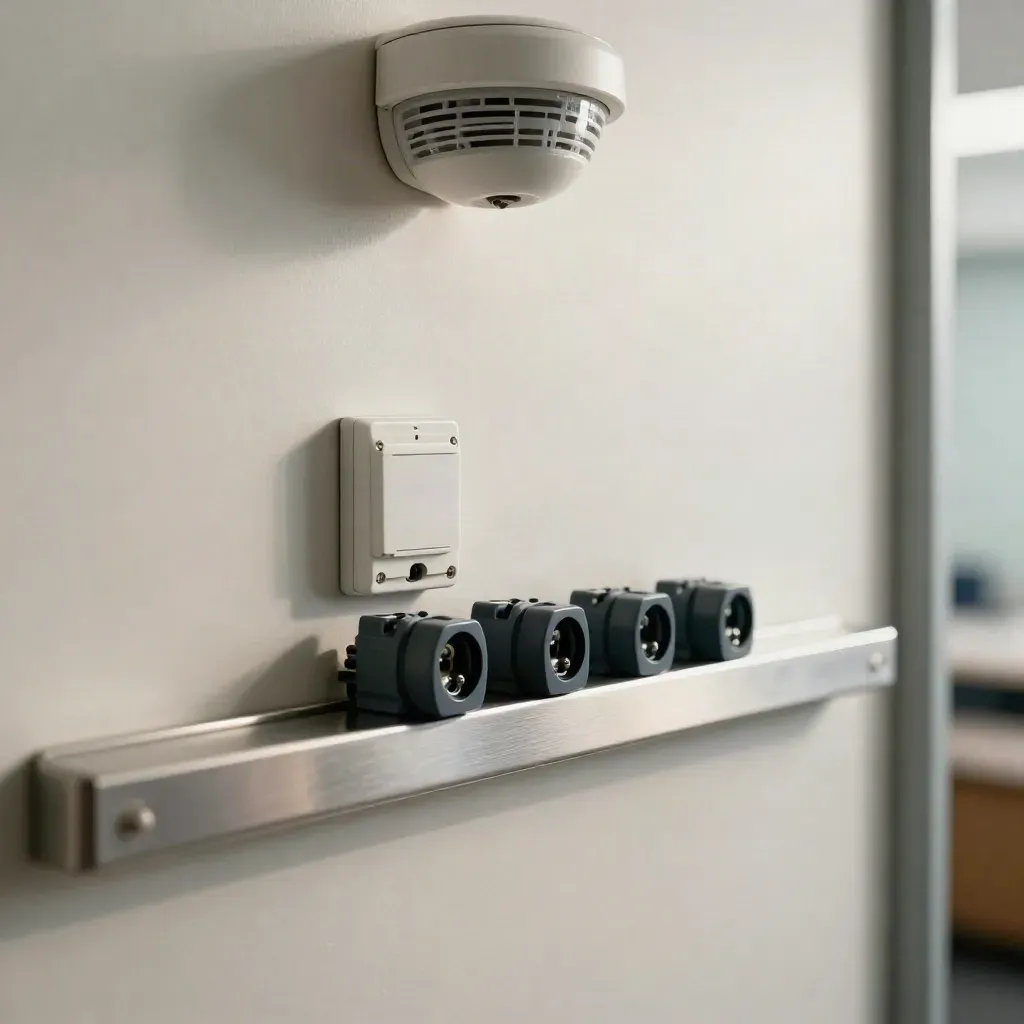 Nahaufnahme von Sensor, Relais und Kabelclips hinter einer Glaswand im kleinen Büro.